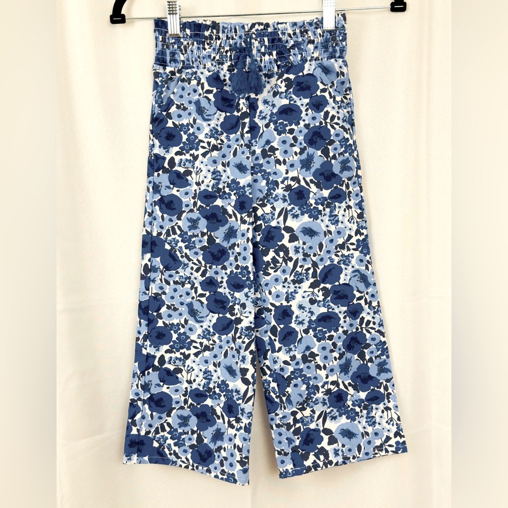 Girls Bright Blue Floral High Waist Cotton/Linen Mix Pull On Pant      Small 5/6